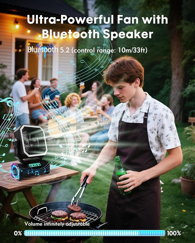 Camping Fan with Bluetooth Speaker Portable Fan,20000mAh Rechargeable Battery Powered Fans,Quiet 4-Speeds, 4-LED Light,360° Hanging Hook for Outdoor Picnic Tent Beach Travel Barbecue, Black