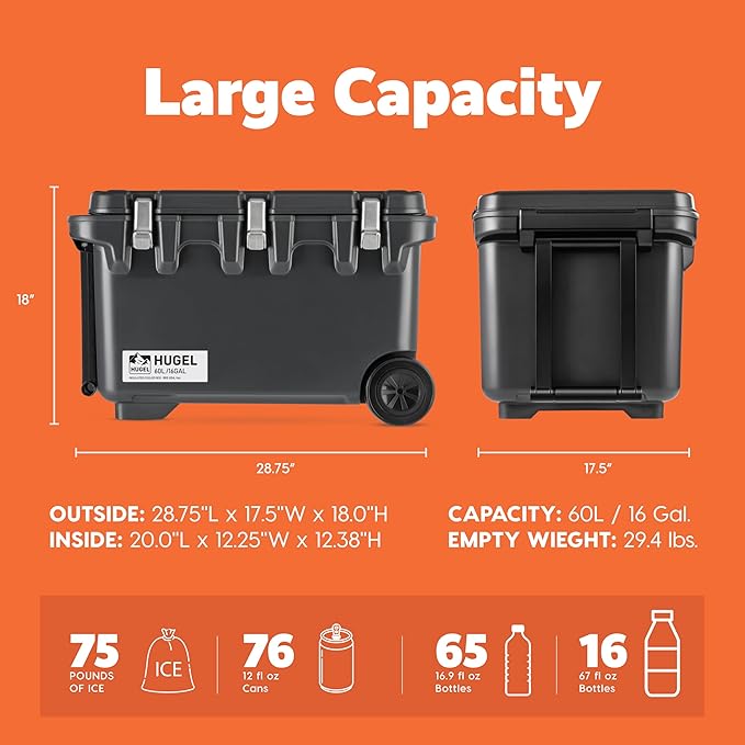 IRIS USA Hugel 64 QT Wheeled Cooler, Heavy-Duty Ice Chest with Metal Buckles, Leak-Resistant, Durable Hard Cooler for Camping, Fishing, Beach, Road Trips, Gray