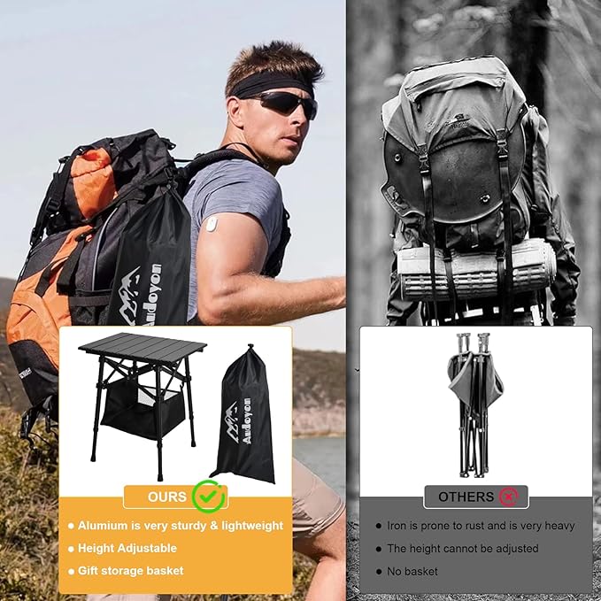 Folding Camping Table - Small Outdoor Table with Storage Bag - Adjustable Height 14.2'' & 18.9'', Portable Lightweight Aluminum Foldable Side Table for Picnic, BBQ, Beach & Tailgating