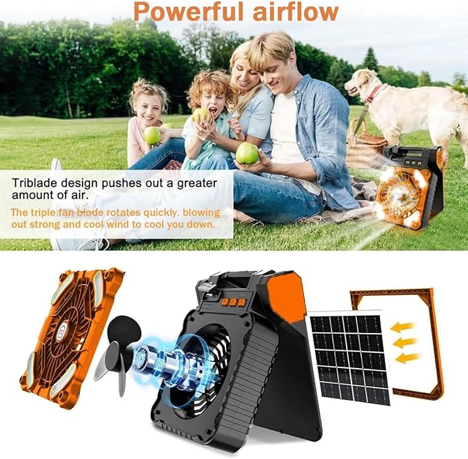 Solar Powered Fan for Camping ,Camping Fan with Light - 10400mAh Rechargeable Battery Fan Ventilator for Tents Home & Outdoor Activities