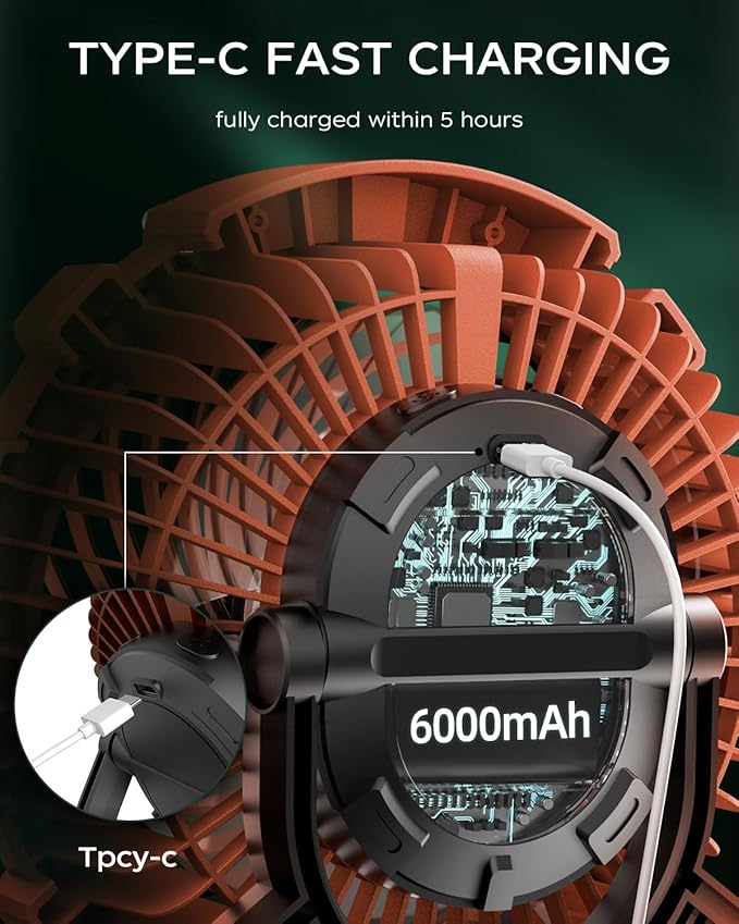 Camping Fan with LED Lantern, 6000mAh Battery Operated Rechargeable Fan, 3 Speeds,180° Rotation, Portable Desk Fan with Hanging Hook, Tent Fan for Travel Camping Outdoor Fishing