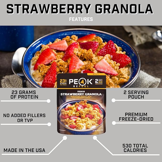 Peak Refuel Strawberry Granola 2-Pack | Freeze Dried Backpacking, Camping & Emergency Prep Food | 2 Servings Pouches