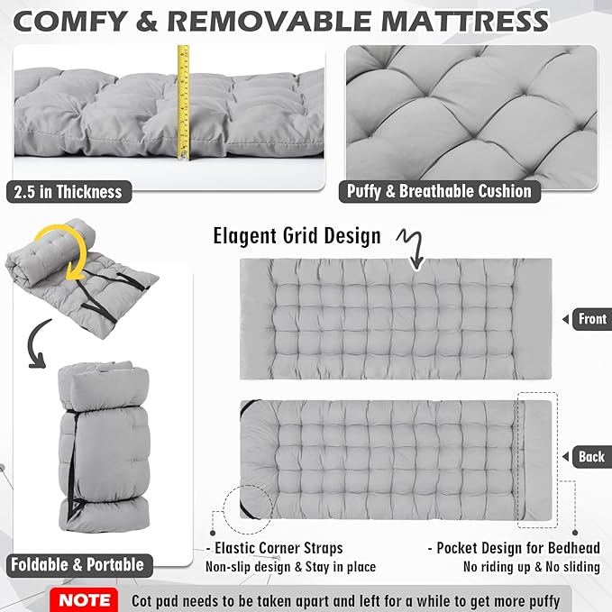 Folding Camping Cot 28inch w/Mattress, Heavy Duty Portable Sleeping Cot with Carry Bag, Double Layer Oxford Travel Camp Cots for Outdoors & Indoors, Suit for Adults Kids,Grey
