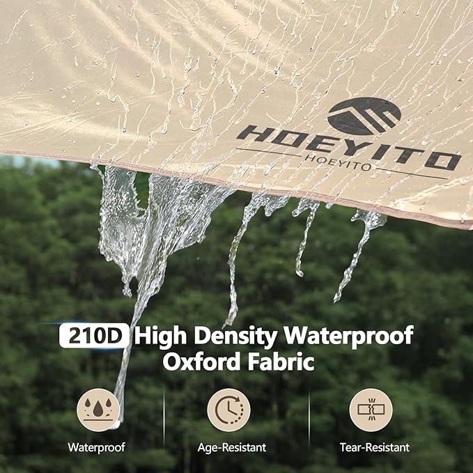 Camping Tarp with Poles & Retainer,15x12.5FT Large Waterproof 210D Oxford Cloth Camping Canopy, UV Blocking Rate 99.99% Tent Tarp Car Awning for Outdoor, Picnic, Hammock, Car, Backpacking(Khaki-Black)