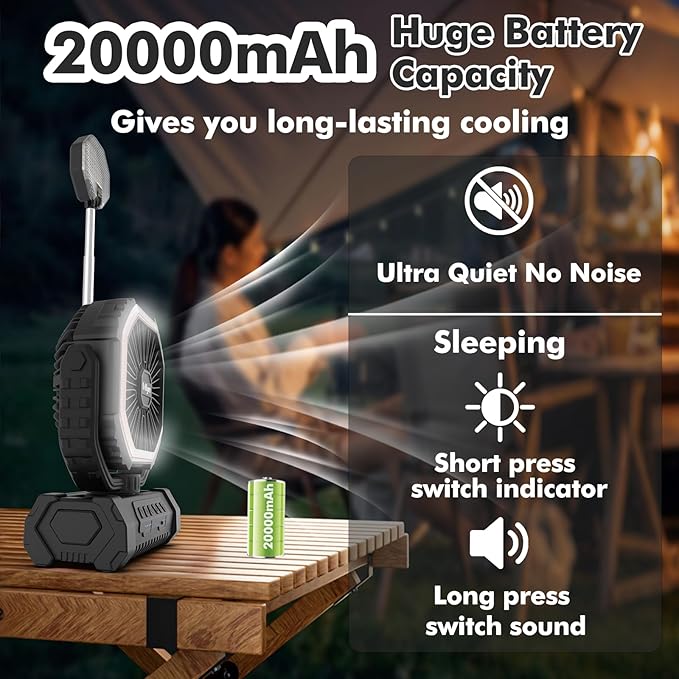Portable Fan, AI Outdoor Rechargeable Camping Fan with Light, 20000mAh Battery Powered, 360° Rotating Hook, 4 Speeds for Indoor, Traveling, Tenting, RVing, Fishing, Beach (Black)