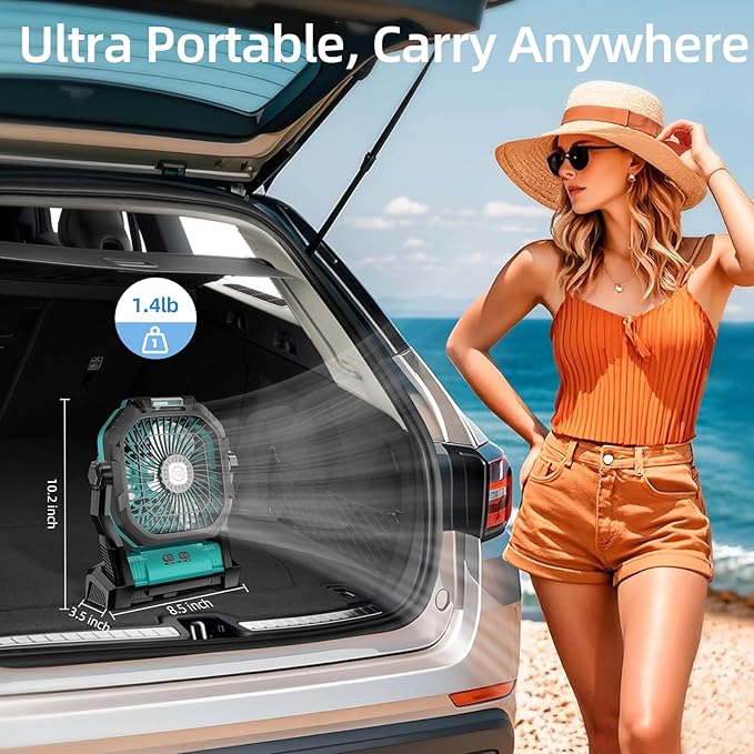 Camping Fan Rechargeable, 20000mAh Battery Powered Portable Fan with LED Light, 4-Speed 180° Adjustable, Camping Essentials for Tent, Travel, Car, Outdoor, Indoor, BBQ, Fishing, Jobsite - Blue