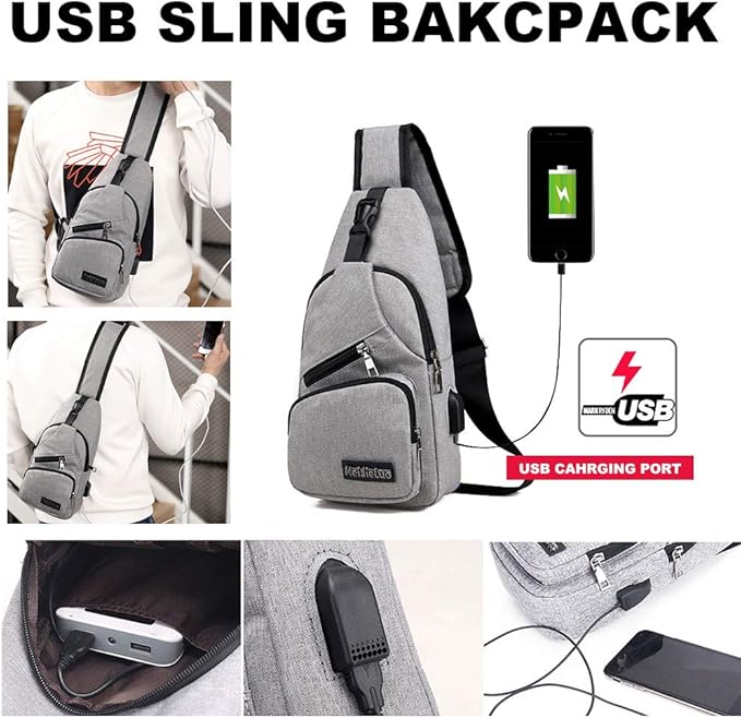 Peicees Travel Gym Bike Sling Bag Shoulder Backpack Daypack w/USB Charging Port