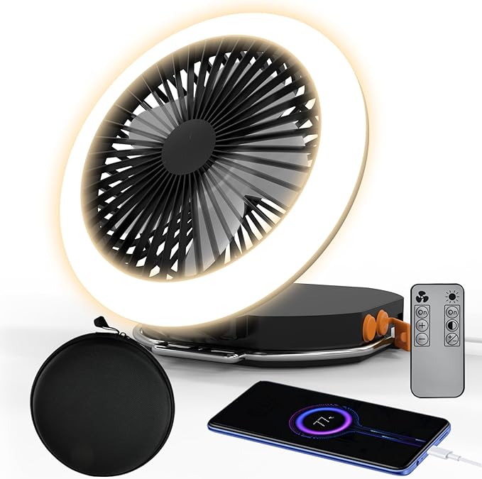 Camping Fan Light with Remote - 6000mAh x2 Rechargeable Battery, 24H Max Run Time, 2000LM, 3 Light Modes & Stepless Dimming, Ultra - Quiet, Includes Carry Bag