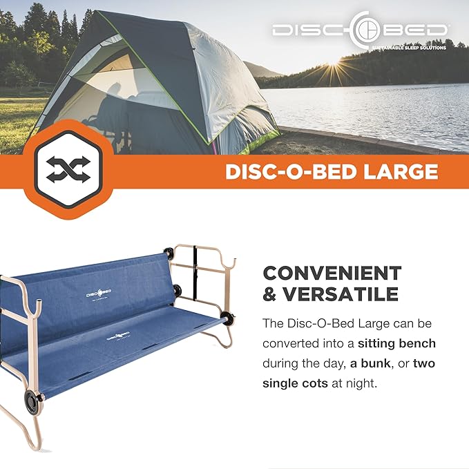 Disc-O-Bed Large Outdoor Convertible 2 Person Bench and Double Camping Cot Portable Bed Bunk System for Adults