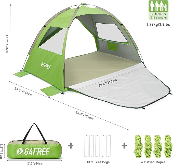 G4Free Portable Beach Tent 2-3 Persons Sun Shade Shelter UPF 50+ Sport Umbrella Canopy with Extendable Floor Foldable Lightweight