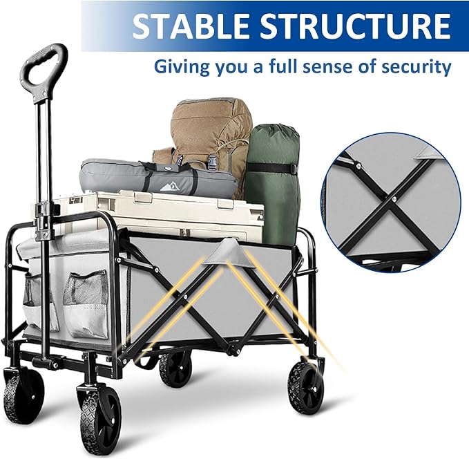 Collapsible Wagon Cart Foldable Portable Heavy Duty Folding Beach Wagons, Outdoor Utility Carts with Large Capacity for Grocery, Camping, Shopping, Fishing, Sports, Garden Gray