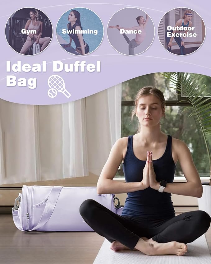 Purple Small Women's Workout Bag - Waterproof Mini Duffle Gym Bag with Wet Pocket - Carry On Weekender for Dance, Swimming, Yoga, Fitness