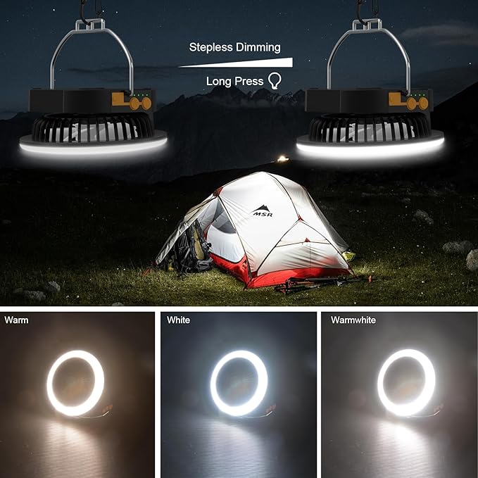 Camping Fan Light with Remote - 6000mAh x2 Rechargeable Battery, 24H Max Run Time, 2000LM, 3 Light Modes & Stepless Dimming, Ultra - Quiet, Includes Carry Bag