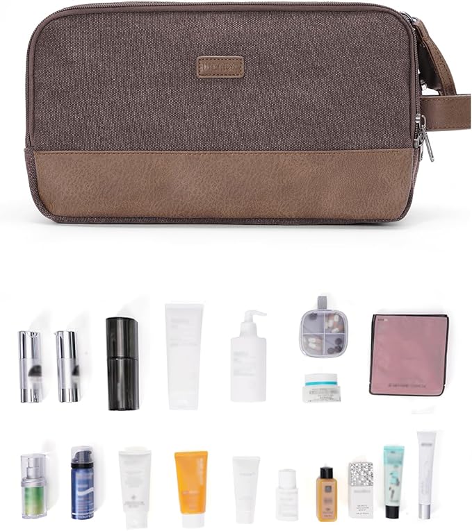 WANDF Toiletry Bag for Men Travel Toiletry Organizer Canvas and Leather Dopp Kit Water-Resistant Shaving Bag for Travel Accessories (Brown, Patent Pending)