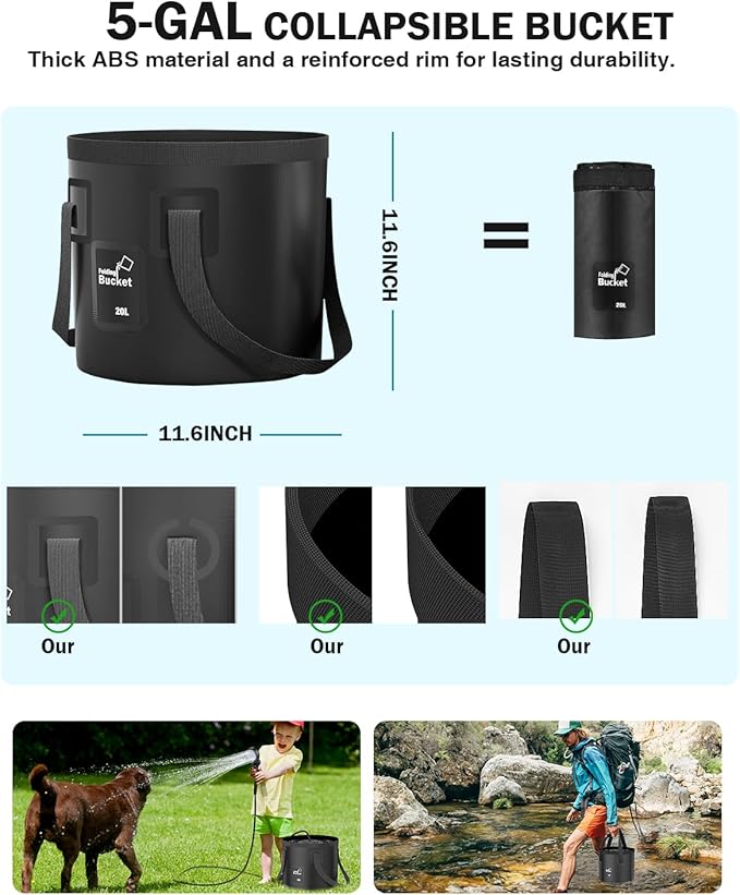 Portable shower for camping, 6000mAh Camping Shower with LED Display, Camp Shower with 5 Gallons Collapsible Bucket, portable camping shower with 3 Spray Modes for Hiking, Travel, Car, Pet