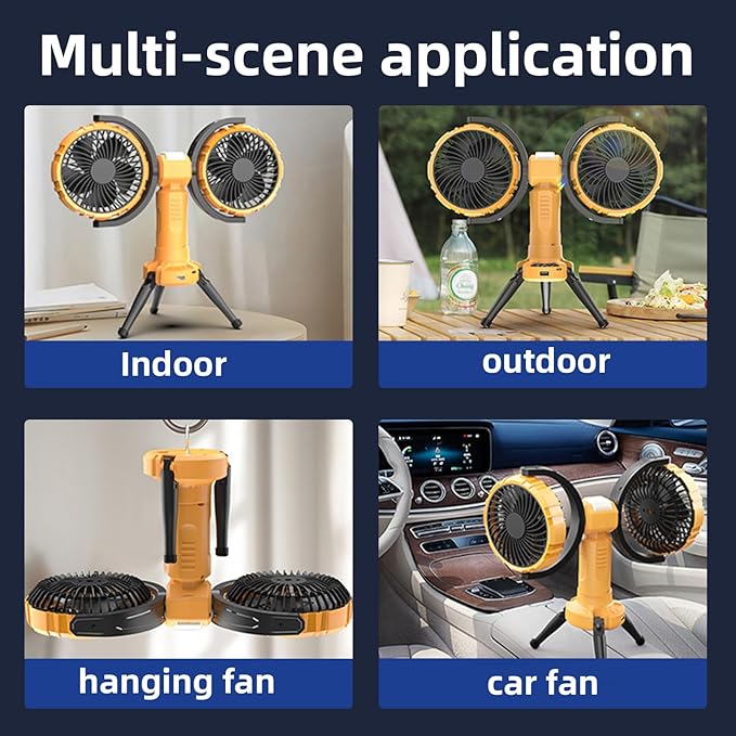 Solar Camping Fan Rechargeable,6000 mAh Battery Powered Automatic Oscillating Tent Fans with 4 Solar & LED Light Panals,Portable Camping Essentials for Canopy,Fishing,Travel,Outdoor,Yellow