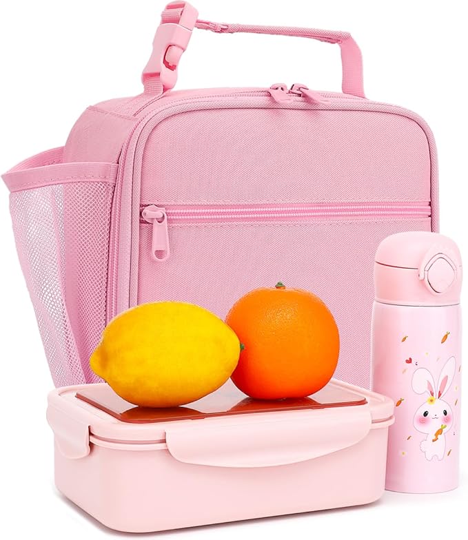 FlowFly Kids Lunch box Insulated Soft Bag Mini Cooler Back to School Thermal Meal Tote Kit for Girls, Boys, Pink