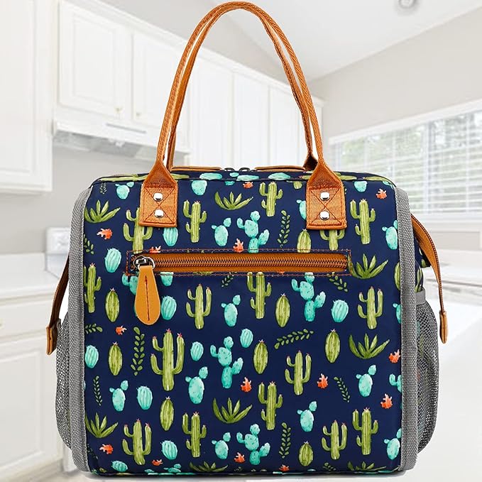 FlowFly Insulated Lunch Bag for Women, Men, Large and Reusable, Handle, Work and Travel Tote and Meal Prep Organizer, Cactus