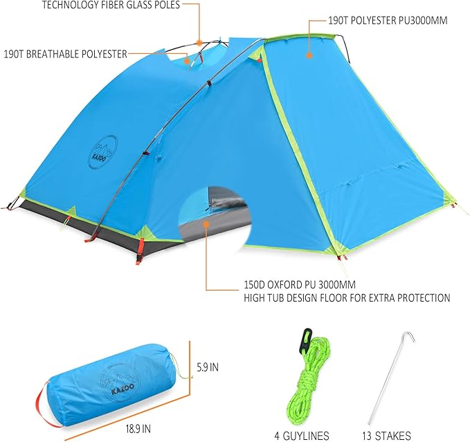 KAZOO 2/4 Person Camping Tent Outdoor Waterproof Family Large Tents 2/4 People Easy Setup Tent with Porch Double Layer