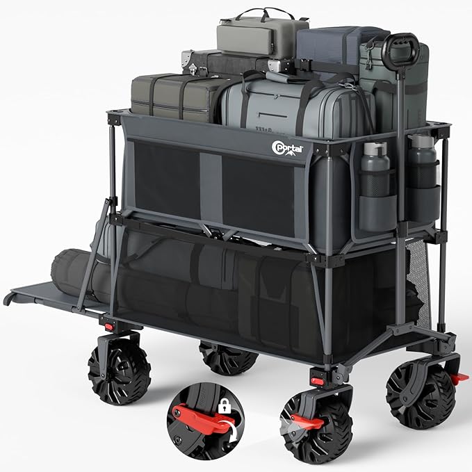 PORTAL 400L Large Capacity Collapsible Double Decker Wagon with Brakes, 450LB Heavy Duty Folding Cart with Tailgate, Foldable Utility Wagons for Camping, Beach, Garden, Sports, Shopping