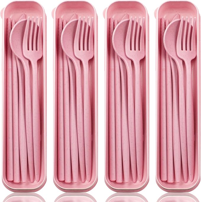 ELANE 4 Sets Reusable Travel Utensils Set with Case,Camping Cutlery Set Reusable Cutlery Set with Case,Utensil Sets for Lunch Picnic Daily Use Outdoor (pink)