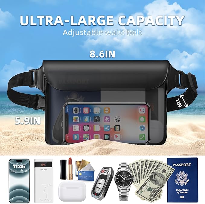 Waterproof Fanny Pack 2 Pack 8.9" Waterproof Pouch for Phone Passport Wallet Purse with Adjustable Waist Strap Kayak Accessories for Travel Beach Cruise Travel Essentials Accessories