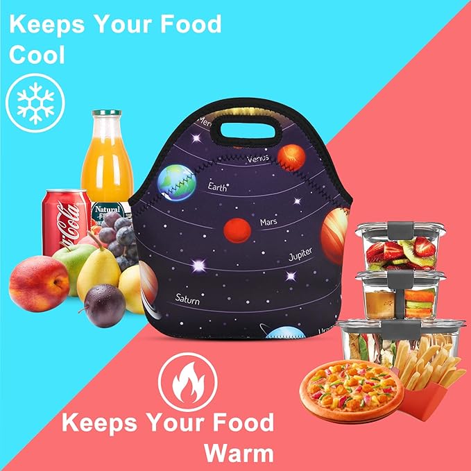 Violet Mist Neoprene Space Lunch Bag Insulated Waterproof Lunch Bag Tote Cartoon Reusable Lunch Box Containers Food Carrying Lunch Handbag for Women men Work Gifts Thanksgiving Christmas Gift