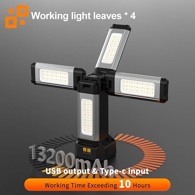 13200mAh Rechargeable Aluminum Work Light with Folding Stand Support and Portable Carrying Bag, 8000 Lumen Stepless Dimmable, 3 Lighting Modes, White/Warm/Nature White (Standard)