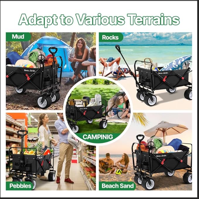 BEAU JARDIN Collapsible Folding Wagon Cart 460lbs Heavy Duty Foldable Garden Cart with All Terrain Beach Wheels Utility Wagon Cart for Camping Fishing Sports Shopping Black