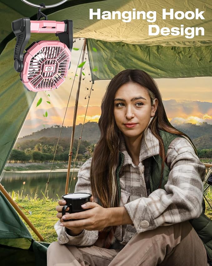 Camping Fan Rechargeable, Cordless Battery Powered Camping Fan with LED Lantern, Hanging Hook, 270°Rotation, 20000mAh Personal Battery Operated for Beach, Picnic, Fishing, Travel, Tent, BBQ