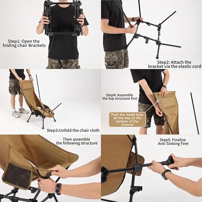 MOON LENCE High Back Folding Camping Chairs, Adjustable Height Beach Chair with Anti-Sinking Feet & Widened Seat (Khaki)
