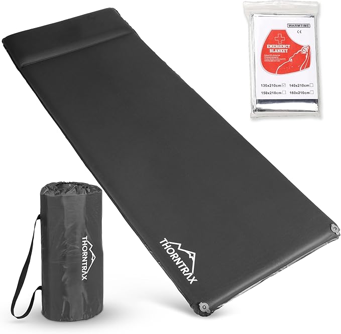 Throntrax Camping Sleeping Pad - Ultralight Camping Mat with Pillow Built-in - 3.1" Thick | Self-Inflating & Suitable for All Seasons - Compact Sleeping Pad for Camping - Grey