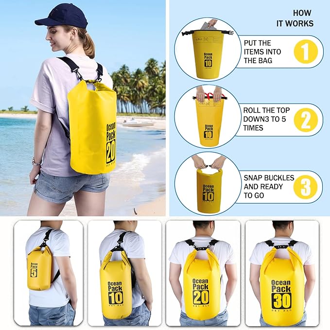Floating Waterproof Dry Bag Backpack 5L/10L/20L, Roll Top Bag for Kayaking, Rafting, Boating, Swimming, Camping, Hiking, Beach, Fishing, Waterproof Beach Bag. (Yellow, 10L)