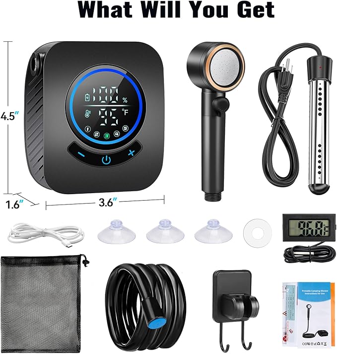 Upgraded Portable Shower with Heater, 1500W Immersion Heated, 8000mAh Rechargeable Camping Shower Pump with LED Display, IPX8 Waterproof Lightweight Outdoor Shower Pump Kit for Hiking, Travel, Car