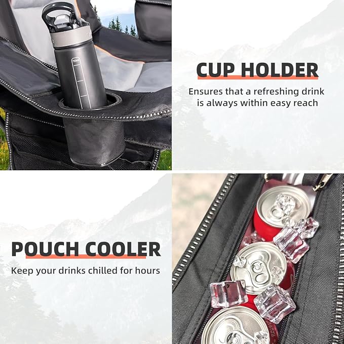Camping Chair Oversized Folding Outdoor Camping Chair with Cooler Bag, Cup Holder & Waterproof Phone Case, Portable for Hiking/Beach,500LB (Black & Light Gray)