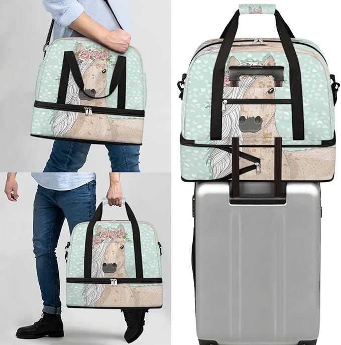 Flower Horse Foldable Travel Duffel Bag, Expandable Sports Gym Bag with Shoes Compartment Weekender Overnight Totes Bags for Women Men