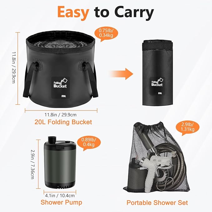 Portable Camping Outdoor Shower Kit with 20L Collapsible Bucket 10000mAH Rechargeable Electric Intelligent Digital Display Shower Pump for Outside Hiking Dog Bath Beach Traveling (Grey)