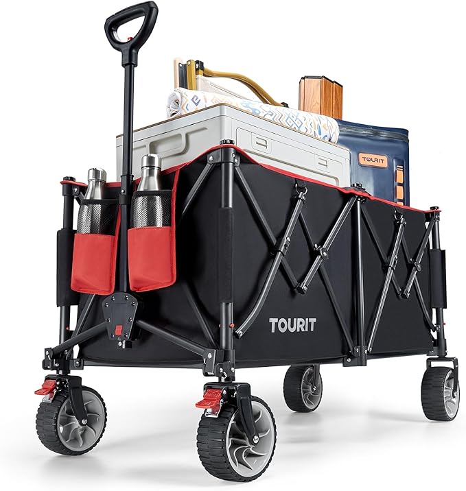 TOURIT 260L Collapsible Foldable Wagon with 330lbs Weight Capacity, Heavy Duty Folding Utility Garden Cart, Beach Wagon with Big Wheels & Drink Holders, Black