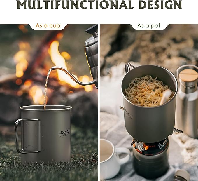Lixada Titanium Pot, Lightweight Camping Pot Titanium Cup Titanium Backpacking Pot with Portable Foldable Handles for Outdoor Camping Hiking Backpacking