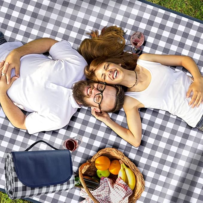 RUIBOLU Beach Blanket Large Picnic Blankets, 80x60in Sandproof Beach Mat for 2-4 Adults Waterproof Quick Drying Outdoor Picnic Mat for Travel Camping Hiking Festival Park Lawn (Dark Blue Plaids)
