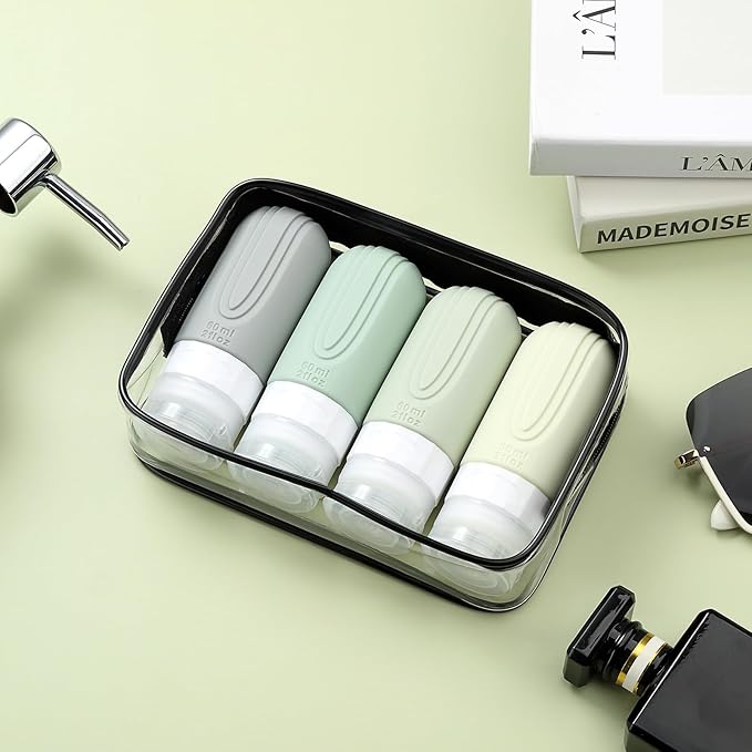 Travel Bottles for Toiletries, Tsa Approved 2oz Travel size Bottles, BPA Free Leak Proof Travel Toiletry Containers, Refillable Travel Accessories with Toiletry Bag for Shampoo Liquid (4 Pack)