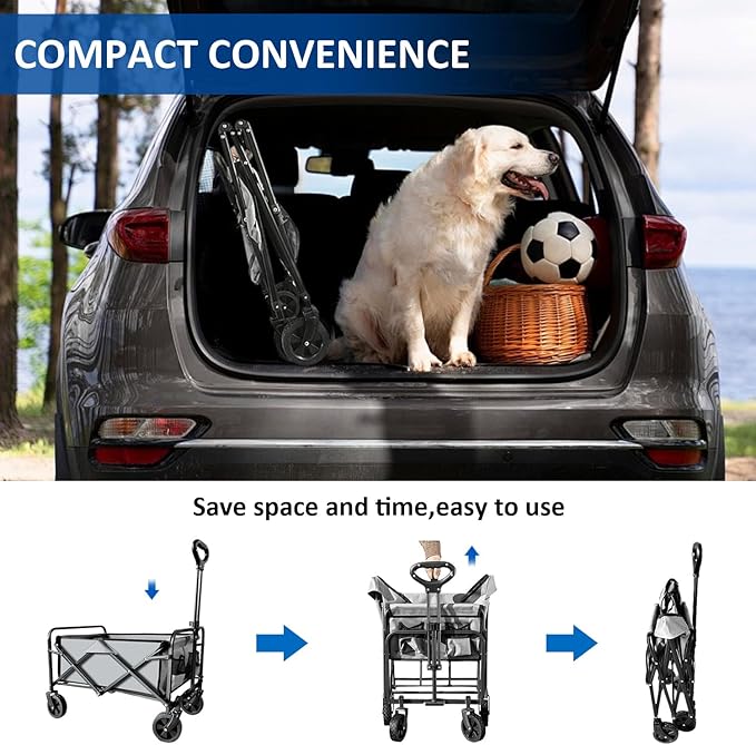Collapsible Wagon Cart Foldable Portable Heavy Duty Folding Beach Wagons, Outdoor Utility Carts with Large Capacity for Grocery, Camping, Shopping, Fishing, Sports, Garden Gray