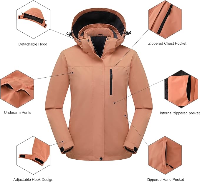 Women's 3 in 1 Ski Jacket Mountain Waterproof Windproof Winter Snow Coat Hike Snowboarding Jackets Hooded Warm Raincoat