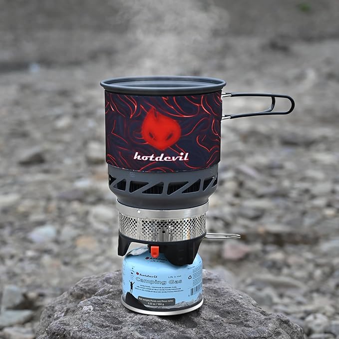 0.75+0.25L Backpacking Camping Stove Cooking System with Piezo Ignition, Outdoor Portable Burner with Pot & Metal Holder Camping Stove Kit Propane, Ideal for Hiking Fishing Hunting Emergency