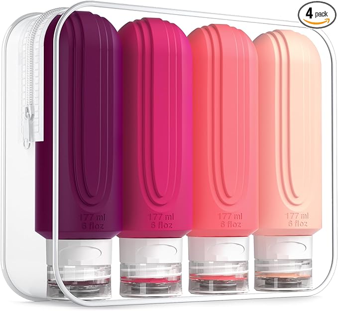 Travel Bottles for Toiletries, Large 6oz Oversize Containers, BPA Free Leak Proof Tubs Refillable Liquid Travel Accessories with Toiletry Bag for Cometic Shampoo and Lotion Soap (4 Pack)