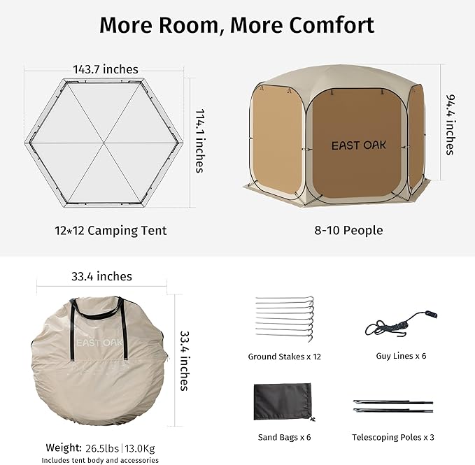 East Oak 12ร12 FT Pop Up Canopy Tent with Mesh | Outdoor Screen House with 4 Sunshades | Instant Canopy with Portable Carry Bag | Gazebo Tent for Camping, Patio, and Beach | Beige