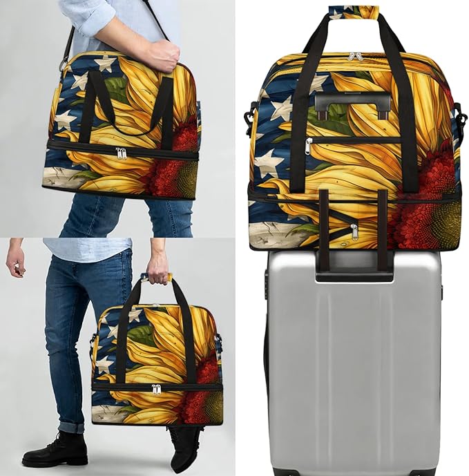 cfpolar Woman Travel Duffel Bag Sunflower American Flag Foldable Tote Carry On Luggage Sports Gym Bag With Shoe Compartment Overnight Weekend Yoga Workout Bag Training Handbag