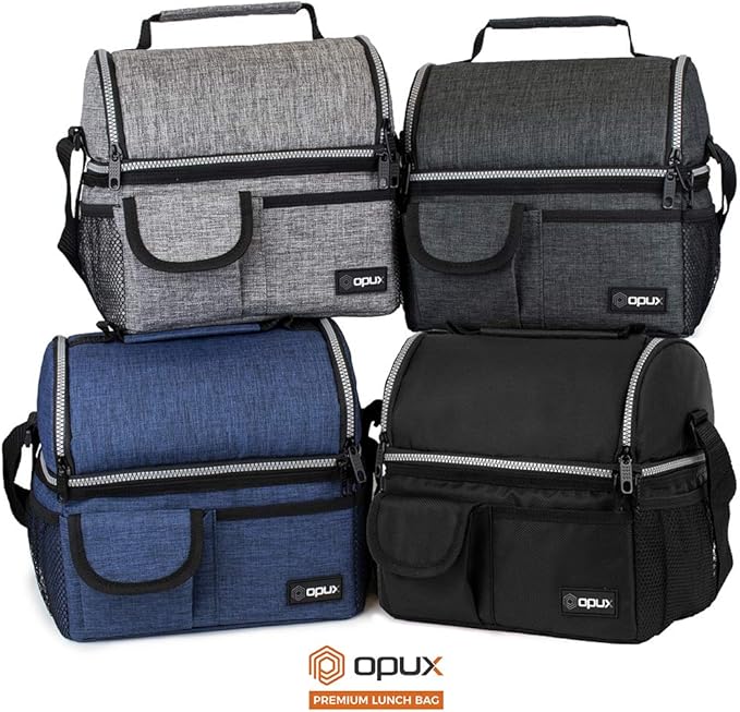 OPUX Lunch Box for Men, Adult Lunch Box Cooler, Insulated Lunch Bag Women, Dual Compartment Lunchbox for Work, Leakproof Double Decker Lunch Bag, Soft Lunch Pail Tote Boys Girls Kids School, Navy Blue