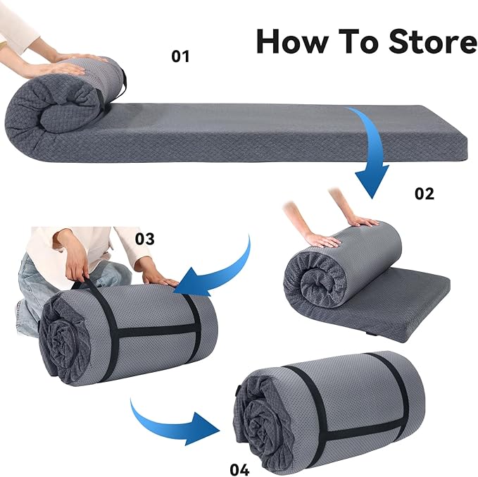HOMBYS Memory Foam Camping Mattress Pad,Portable Sleeping Pad for Adult,Waterproof Cot Mattress,Roll Up Floor Mattress,Foldable Backpacking Travel Bed for Hiking,Guest Bed