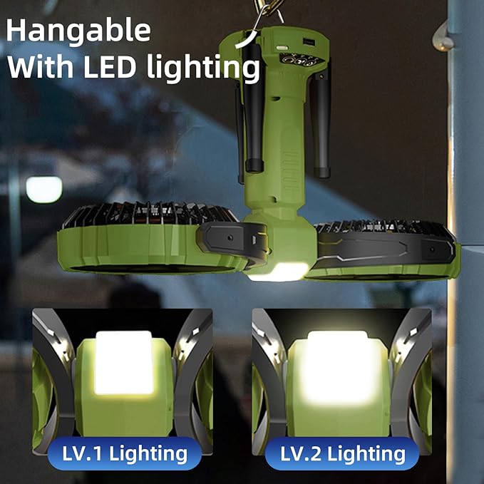 3 in 1 Camping Fan with LED Light,Hanging Hook for Tent,8000mAh Rechargeable Battery Powered Portable Fans,360°Head Rotation,4 Speeds,Camping Essentials for Indoor Outdoor Travel BBQ Fishing